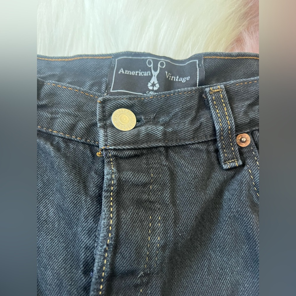 American Vintage Black Distressed Denim Shorts, Black-and-White Checkered Trim - Picture 3 of 10